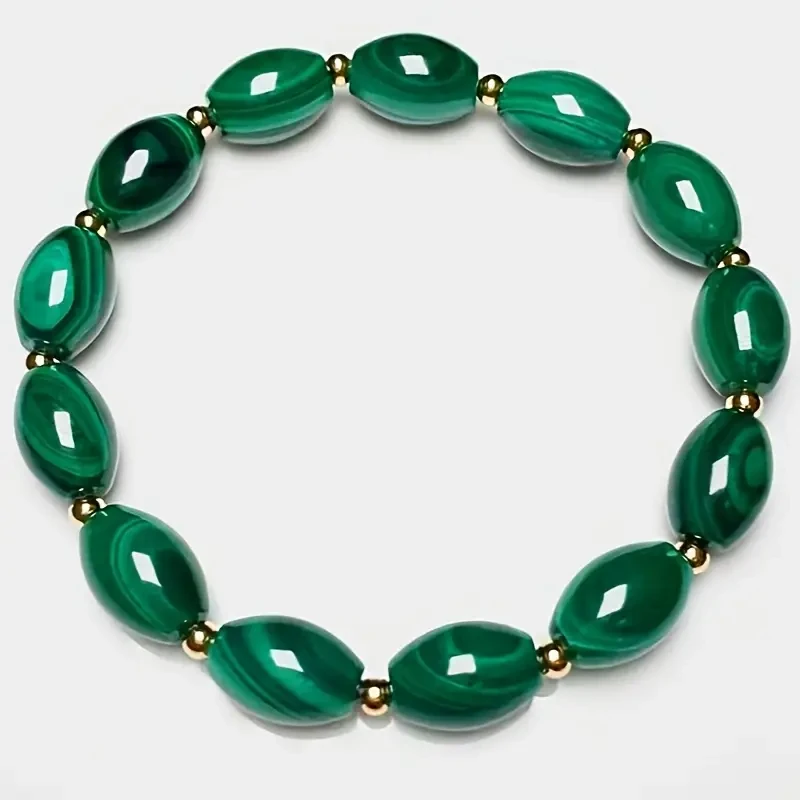 Elegant Stretchy Malachite Beaded Bracelet - Genuine Green Peacock Stone, 1.2cm x 0.7cm Oval Beads, Versatile for Daily & Vacation Wear