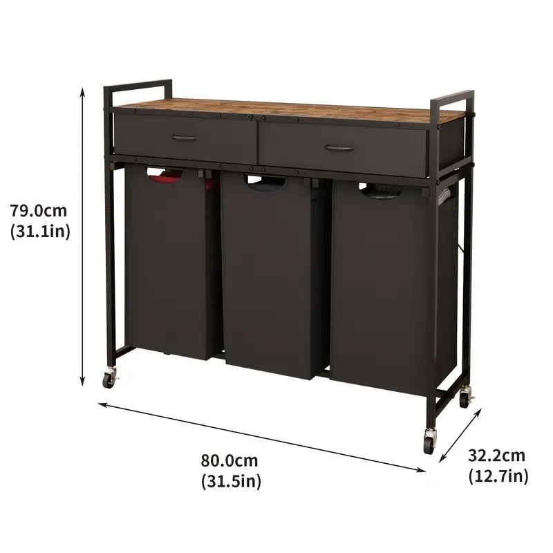 Movable Laundry Cart with Wheels, Three-Compartment Dirty Clothes Cart, Storage Laundry Bags, Metal Frame Laundry Sorting Storage Baskets, Large Capacity for Organizing the Laundry Room, Pull-Out and Detachable Laundry Cabinet