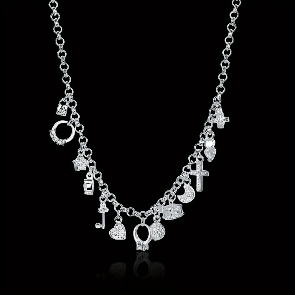 925 Sterling Silver 45cm (18inch) Chain Necklace with Thirteen Pendant Multi-Element  Fashion Simple Silver Jewelry for Women, Men, and Lady
