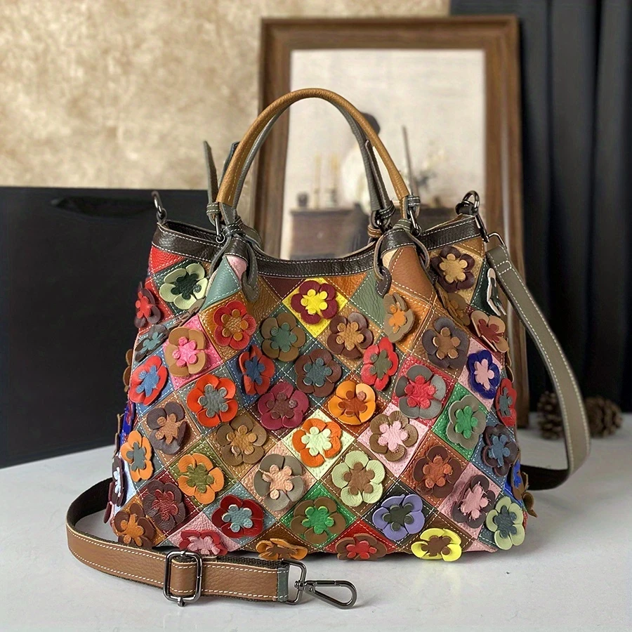 Genuine Leather Women's Handbag  Large Capacity Multi-Color Floral Print Shoulder Bag with Adjustable Strap, Zipper Closure & Polyester Lining