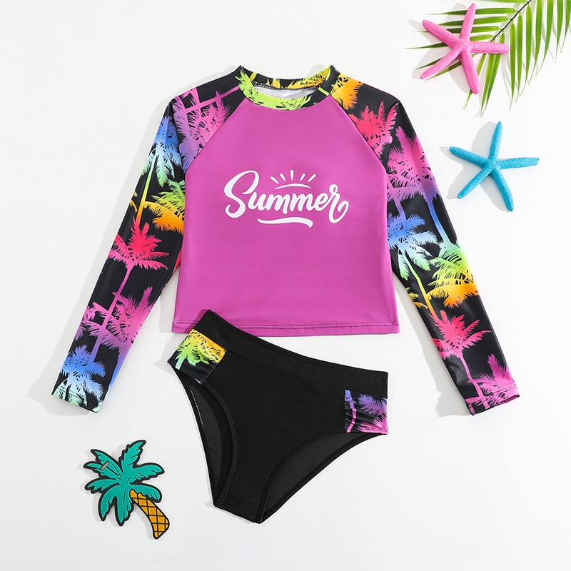 Printed Long-sleeved Conservative Children's Swimsuit