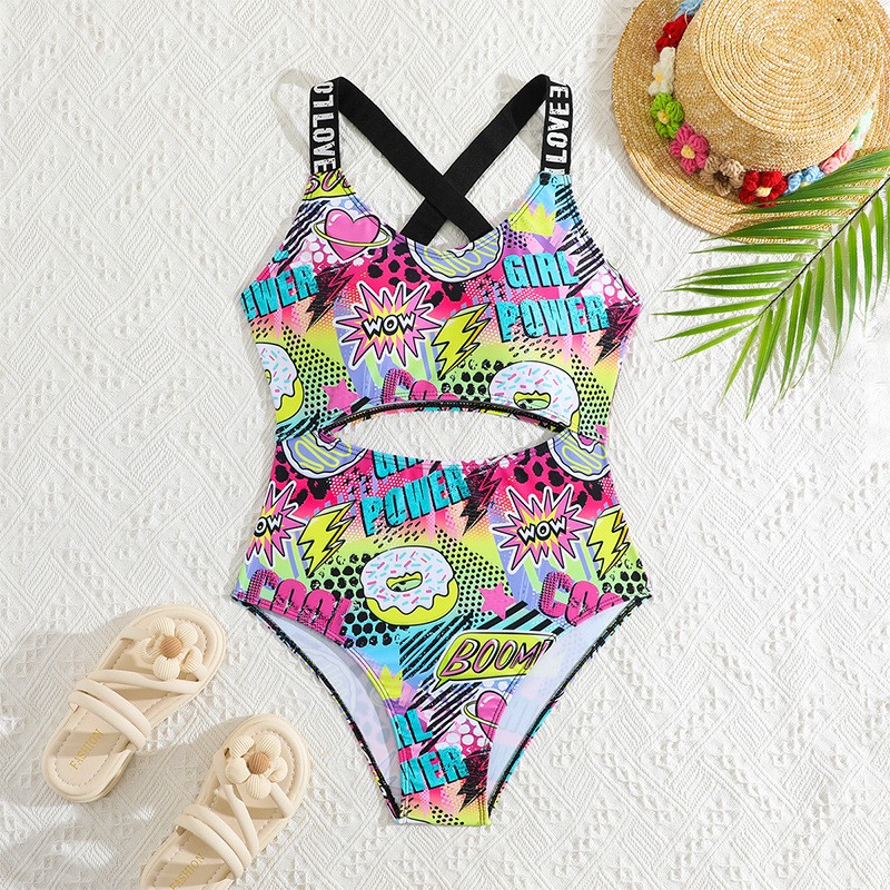 New Girl's Medium And Large Children Digital Printing Cute Cartoon One Piece Swimsuit