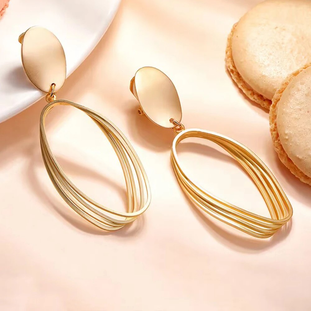 New Geometry Retro Metallic Gold Color Multiple Oval Pendant Clip Earrings - Fashion Jewelry for Wedding & Party