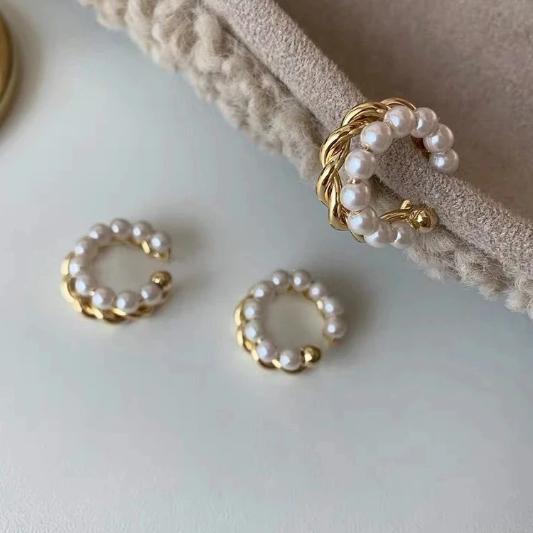 New Korean Gold Color Double Circle Twist Pearl Ear Cuff