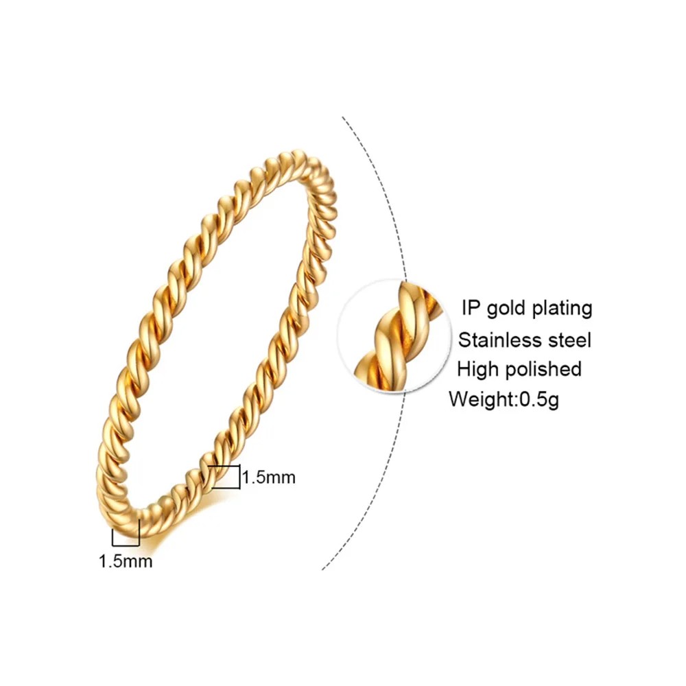 JHSL 1.5mm Small Mini Silver Rose Gold Color Stainless Steel Twisted Women Rings