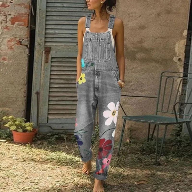 Women's Classic Denim Overalls - High-Waisted Loose Fit Straight Leg Jumpsuit With Unique Print Design