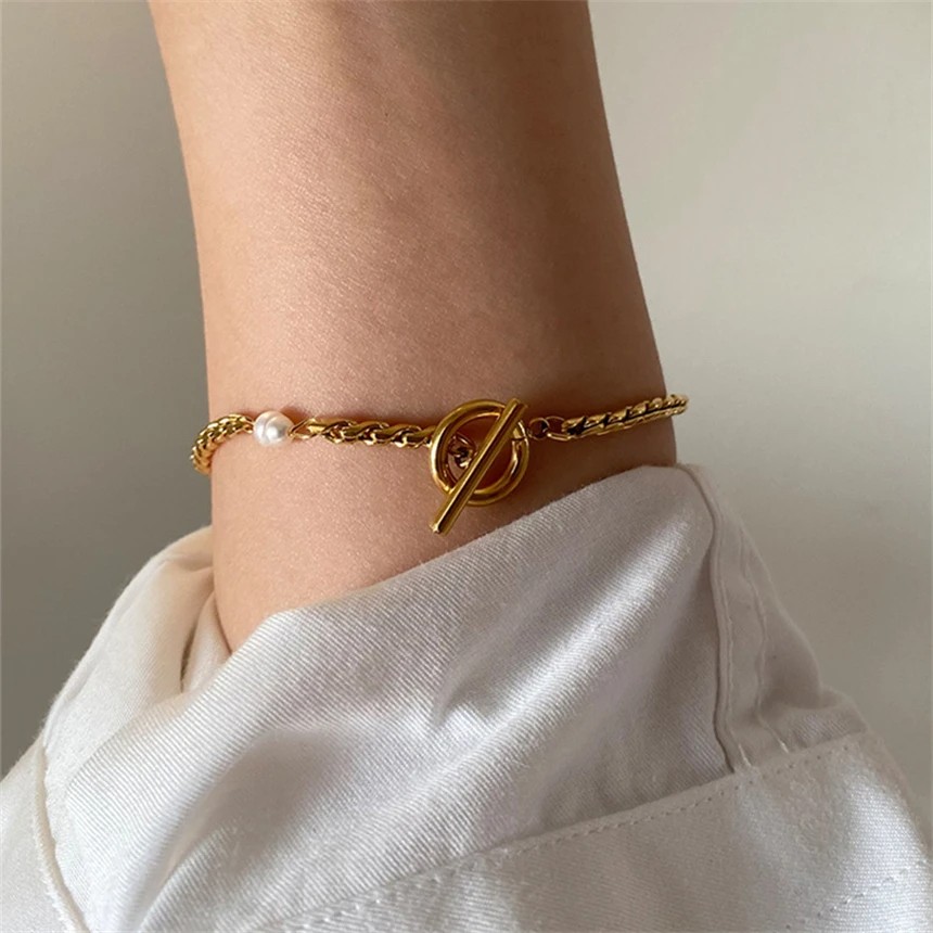 316L Stainless Steel Simplicity Vintage Irregular Shaped Imitate Pearl OT Buckle Chain Bracelets
