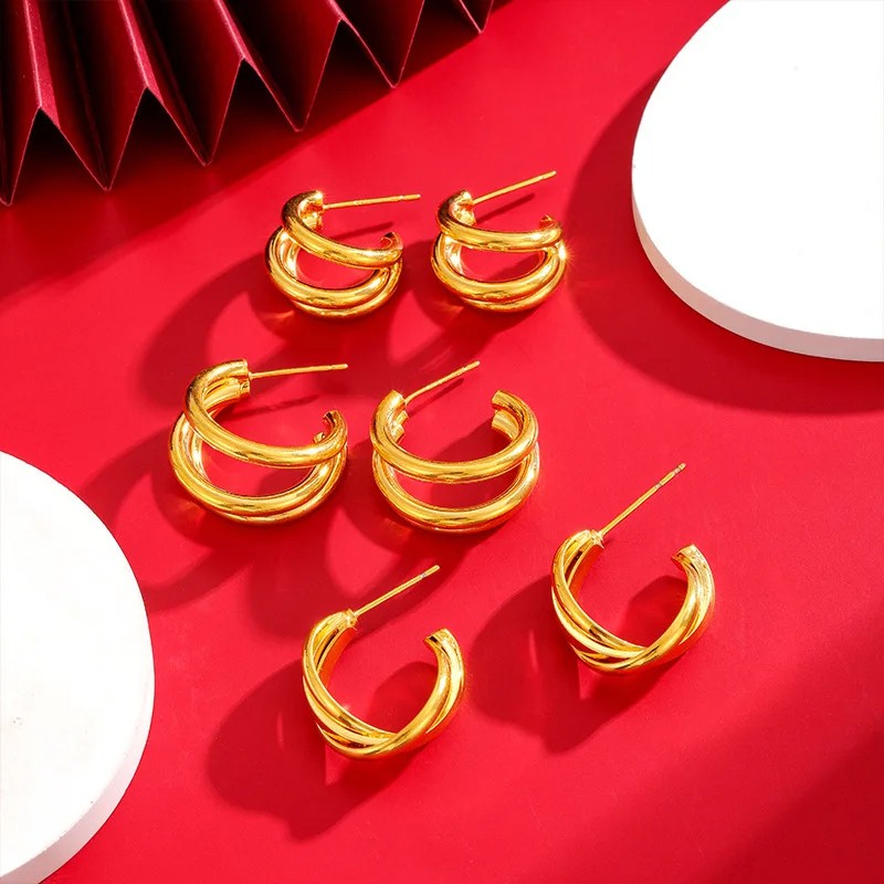 Luxury 24K 9999 Pure Gold C-Shaped Earrings for Women