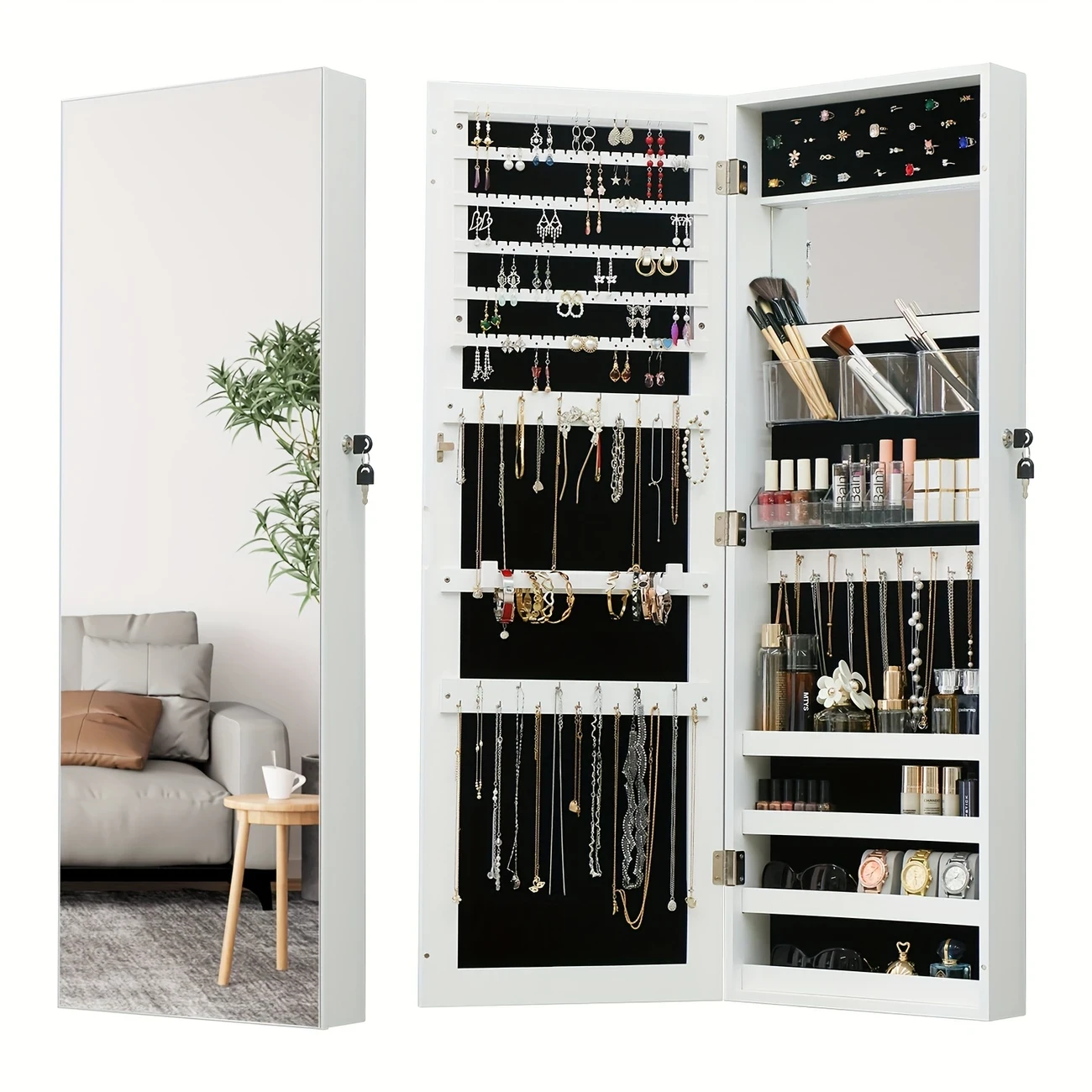 High-Wall Mirror Jewelry Cabinet with Black Frame