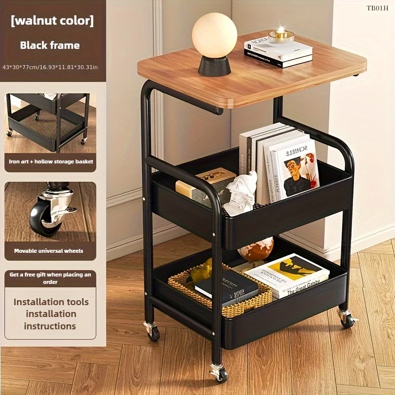 Three-Tier Rolling Storage Cart with Desktop & Snack Rack