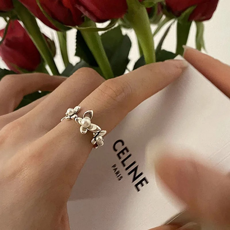 Real 925 Sterling Silver Personality Flower Pearl Adjustable Retro Ring