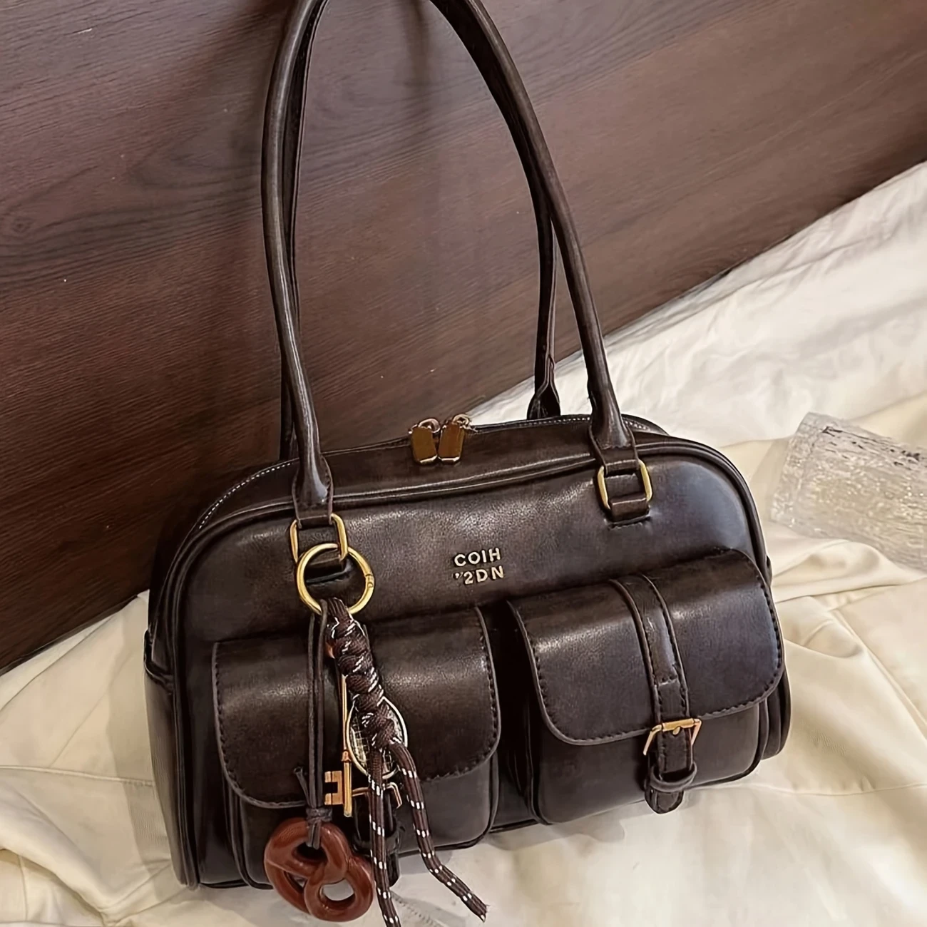 Women's Coffee Brown Multi-Pocket Shoulder Bag with Golden-Tone Hardware & Letter Embellishments  Stylish Versatile Crossbody Purse for Travel, Work, Shopping, Dates, Work Handbag