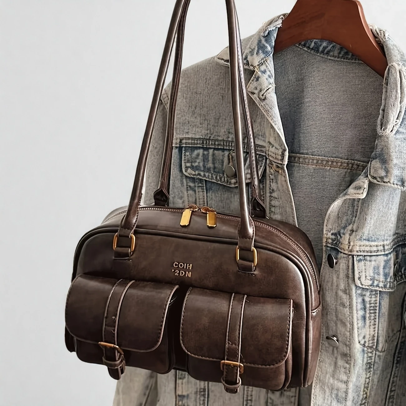 Women's Coffee Brown Multi-Pocket Shoulder Bag with Golden-Tone Hardware & Letter Embellishments  Stylish Versatile Crossbody Purse for Travel, Work, Shopping, Dates, Work Handbag