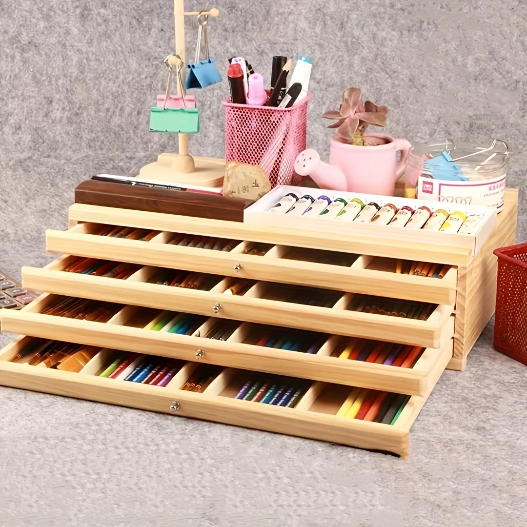 4-Tier Wooden Artist Storage Organizer with Drawers