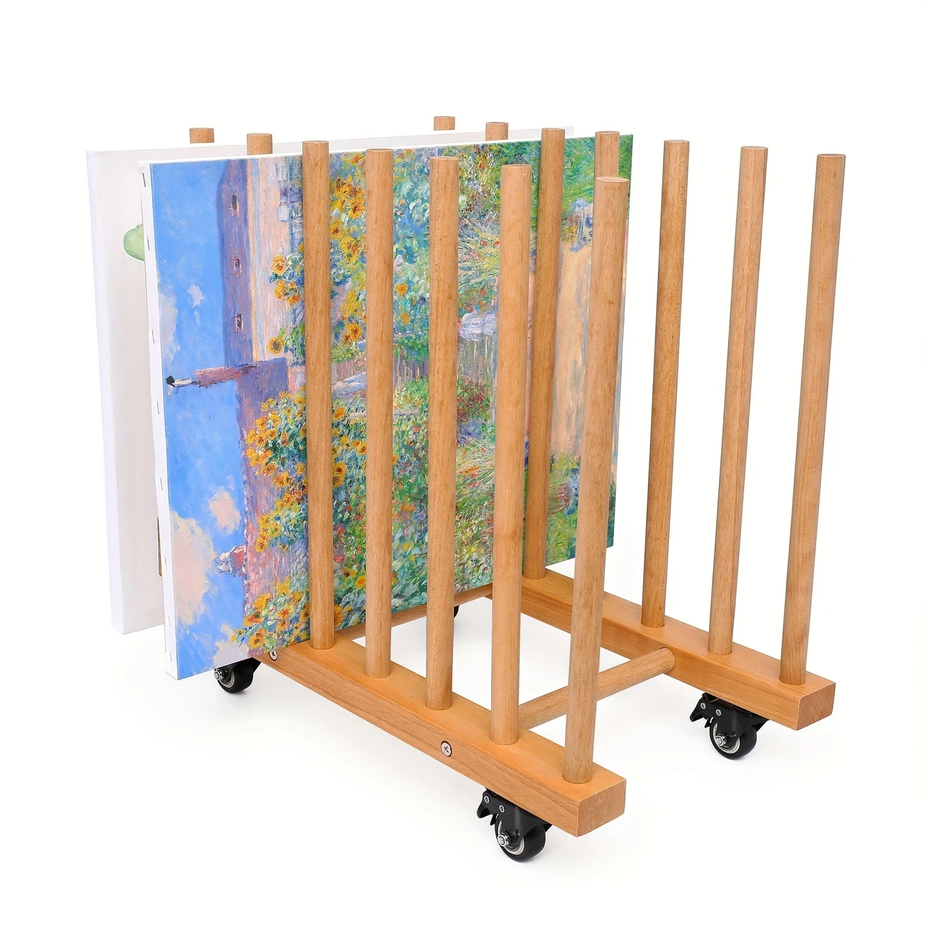 Adjustable Wooden Art Canvas Storage Rack with Wheels
