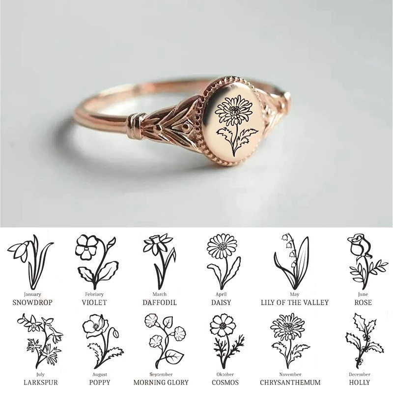12th Birthday Month Simple Retro Rose Flower Leaf Four-leaf Clover Stainless Steel Ring