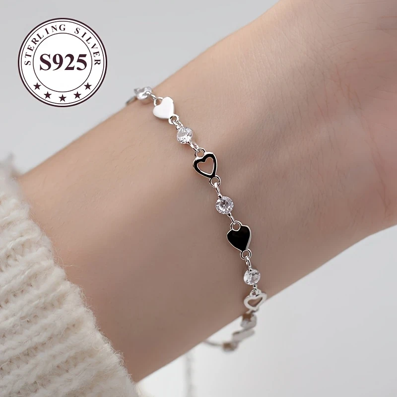925 Sterling Silver Heart Bracelet - Elegant White Golden Plated Design