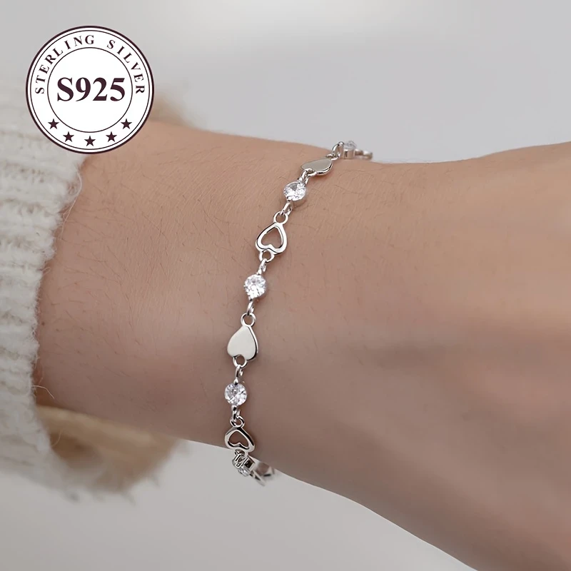 925 Sterling Silver Heart Bracelet - Elegant White Golden Plated Design