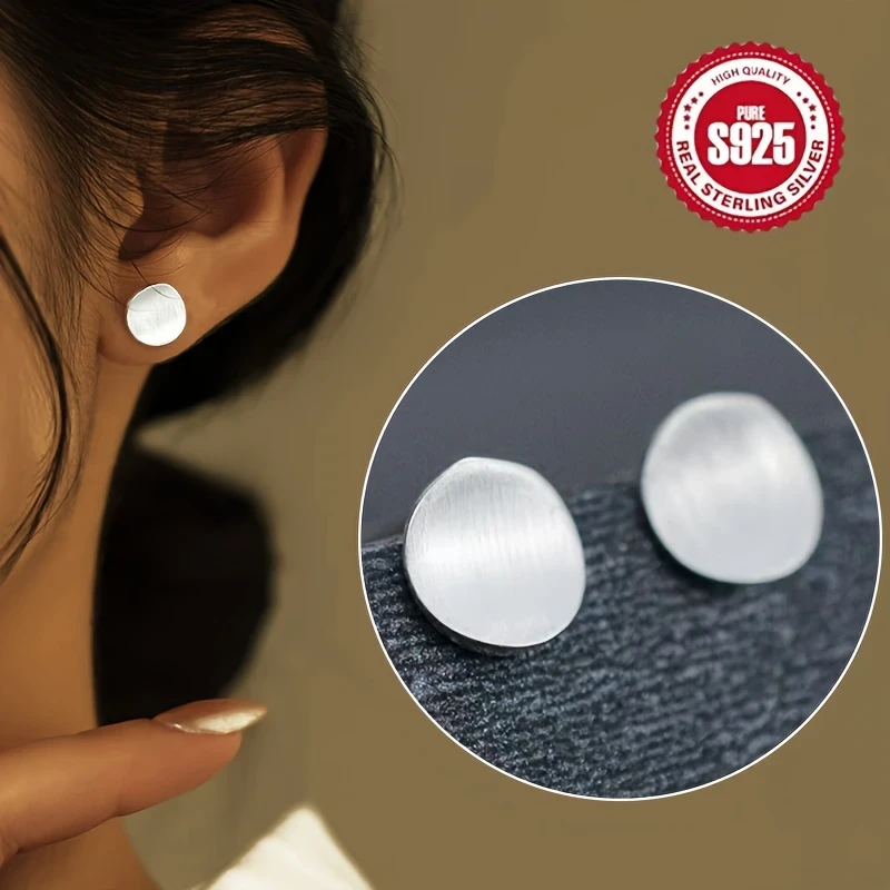 Elegant 925 Sterling Silver Stud Earrings  Matte Texture Concave Design