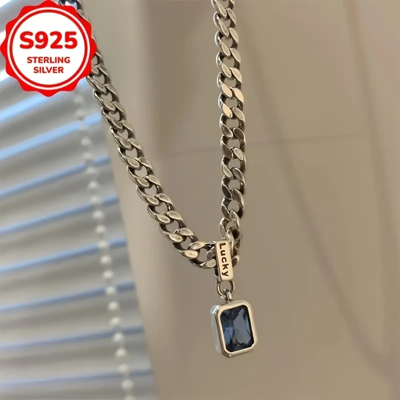 Vintage Boho Style 925 Sterling Silver Chain Necklace with Cubic Zirconia Pendant