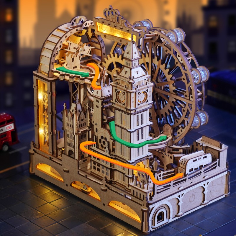 ROBOTIME 3D Wooden Puzzle London City Mechanical Model With Marble Run & LED Lights, DIY Decorative Kit For Adults & Teens
