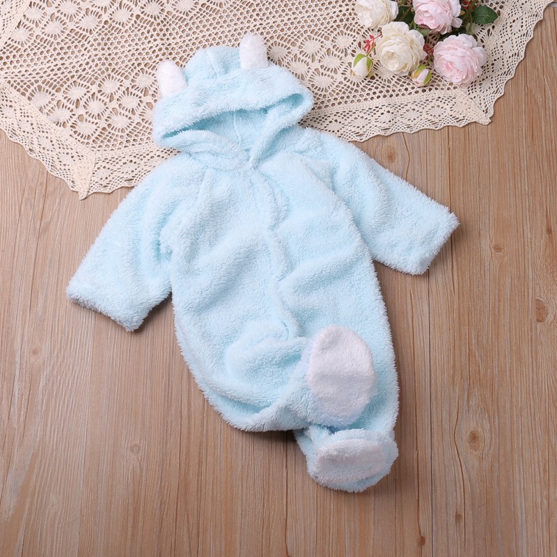 Autumn And Winter Coral Fleece Hood Long-sleeved Romper Toddler Cute Warm Jumpsuit