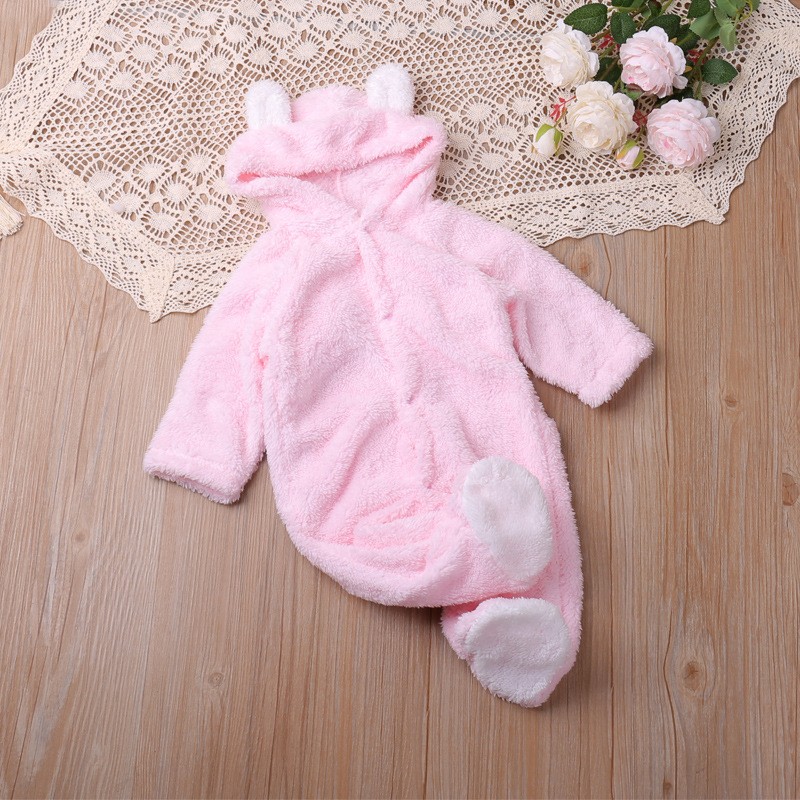 Autumn And Winter Coral Fleece Hood Long-sleeved Romper Toddler Cute Warm Jumpsuit