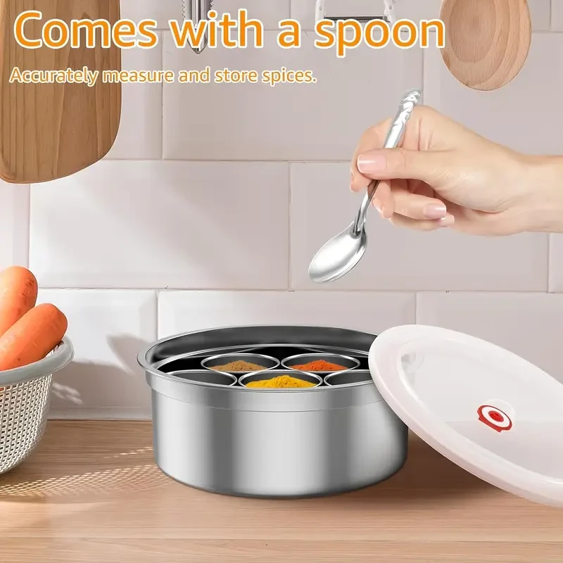 Thickened Stainless Steel Round 7-Spice Container with Lid and Spoo