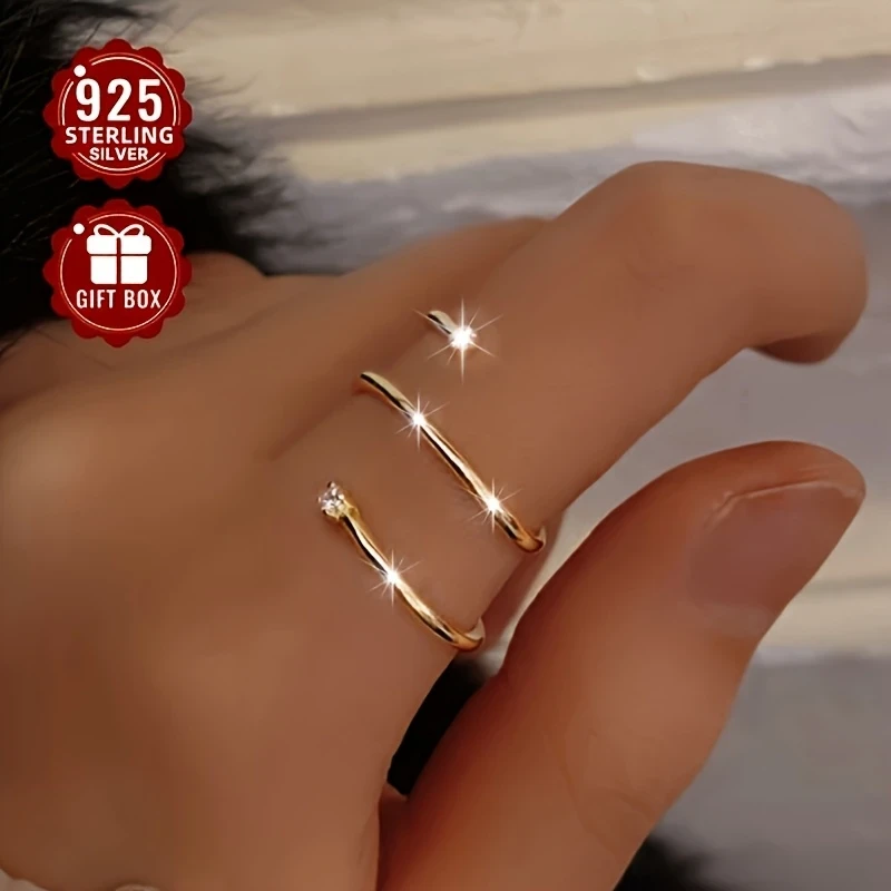 1pc Womens Adjustable Open Ring 925 Silver - Elegant Spiral Design with Synthetic Cubic Zirconia, Ideal for Daily Wear, Parties & Banquets