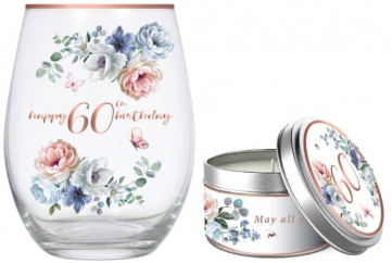 60TH DANCING ROSES STEMLESS GLASS 520ML & CANDLE