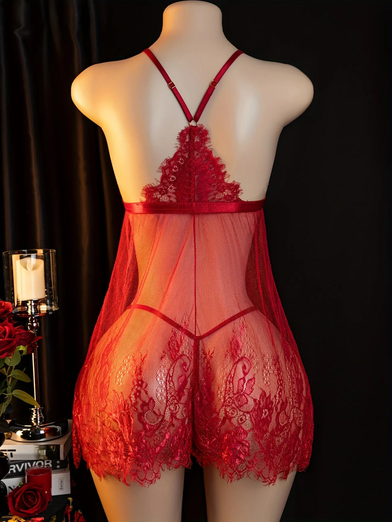 Elegant Red Lace Nightgown with Strapless Design and Bow Detail  Sexy Polyester Sleepwear Set for Women Including Garter Belt and Stockings, Romantic Evening Wear