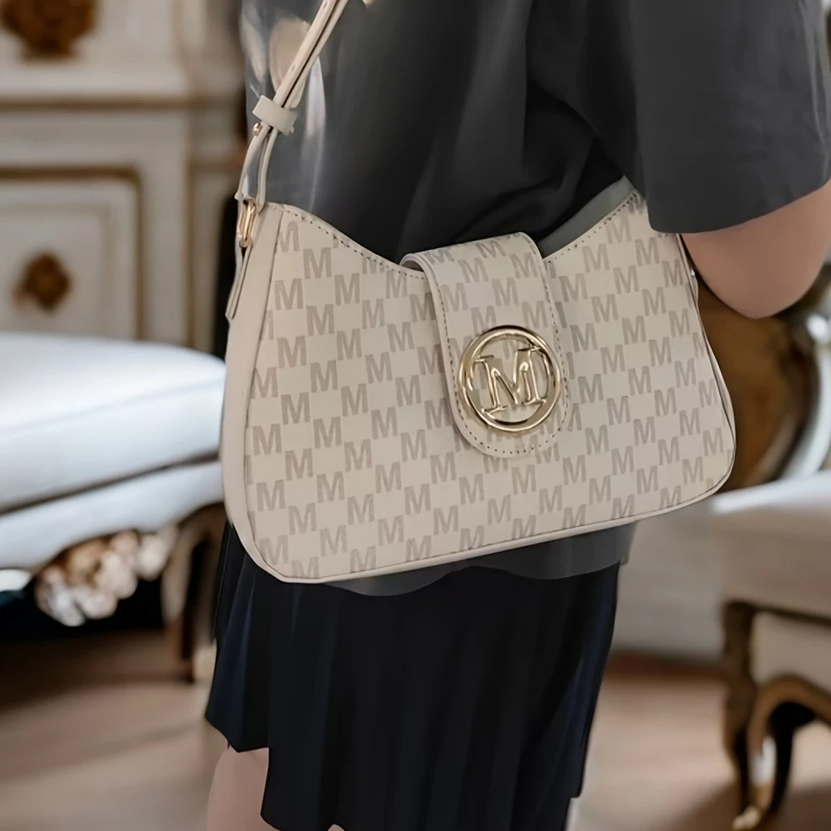 Chic M-Print Womens Crossbody Bag Sleek Black with Golden-Tone Clasp, Zipper Closure & Polyester Lining