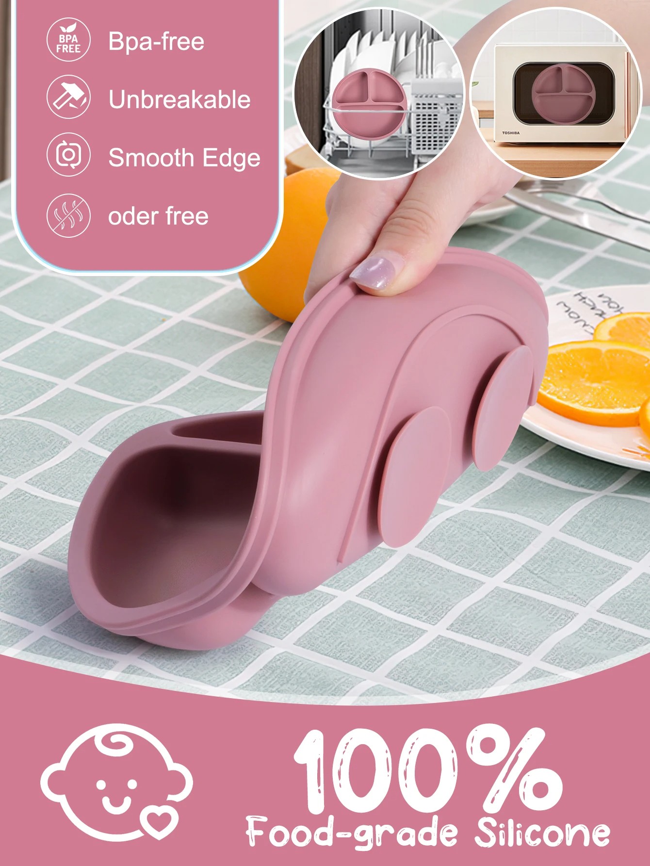 Silicone Baby Feeding Set  BPA-Free Suction Bowl, Divided Plate, Spoon, Fork & Bibs