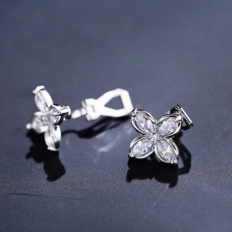 JIOFREE AAA Cubic Zirconia Flower Shape Clip-On Earrings No Piercing Needed