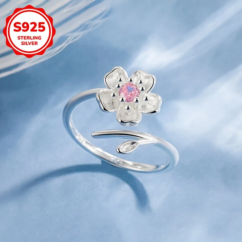 Elegant Sakura Adjustable Ring  925 Silvery Set with Shining Zirconia for Daily and Vacation Wear