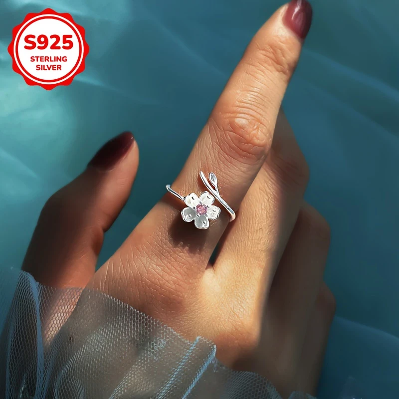Elegant Sakura Adjustable Ring  925 Silvery Set with Shining Zirconia for Daily and Vacation Wear