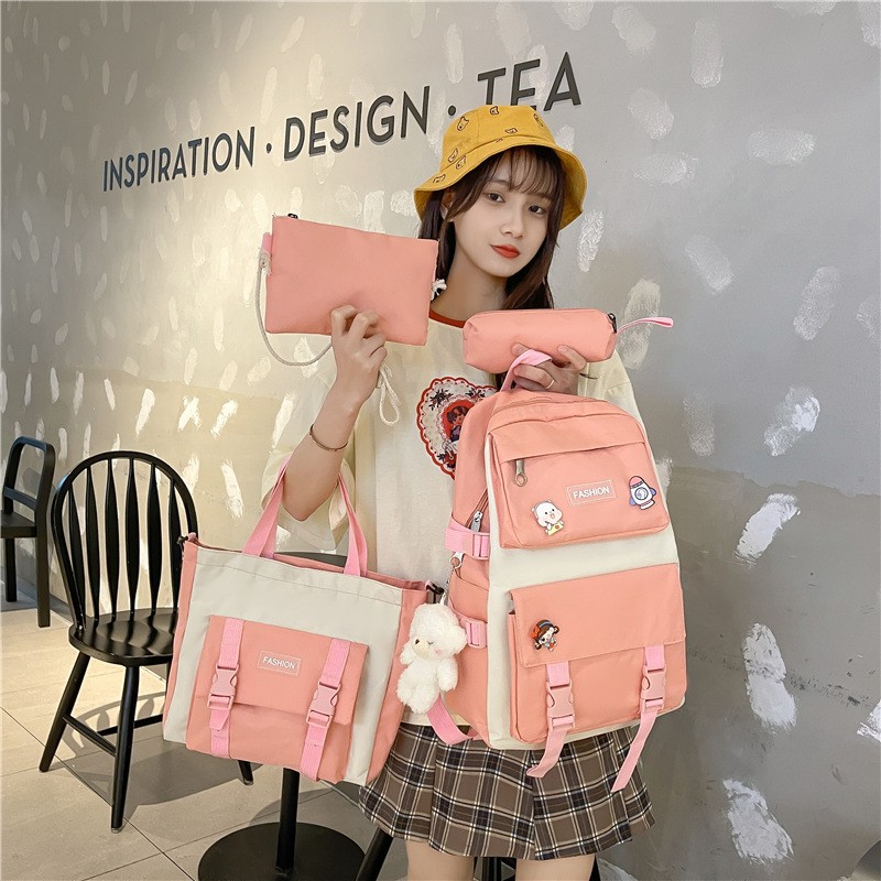 Korean Style Mori Casual Oxford Cloth Student Four-piece Set Backpack