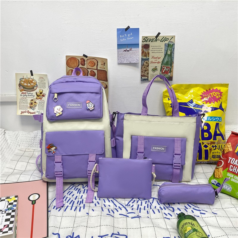 Korean Style Mori Casual Oxford Cloth Student Four-piece Set Backpack