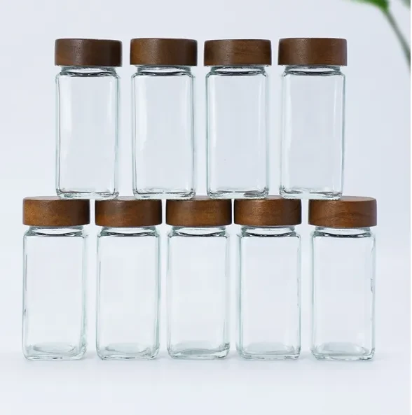4oz Acacia Wooden Lid Square 120ml Barbecue Cumin Pepper Scattering Granules Seasoning Glass Spice Bottle Suit