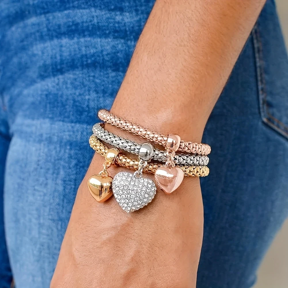 3pcs/Set Alloy Heart Theme Tree Of Life Silvery Rose Corn Chain Bracelets  Vintage Boho Charm with Elastic Comfort