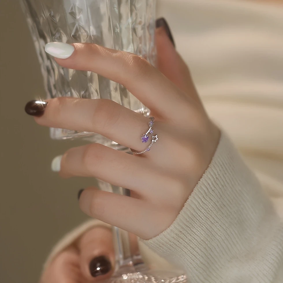 Elegant Adjustable Star Ring for Women  Silvery-Tone Copper Alloy with Purple Synthetic Zirconia