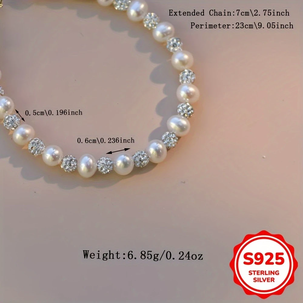 1pc S925 Pearl Necklace & Bracelet Set  Elegant Vintage Style 925 Sterling Silver with Cubic Zirconia Accents | Lightweight 6.85g | Perfect Mothers Day Gift NZ