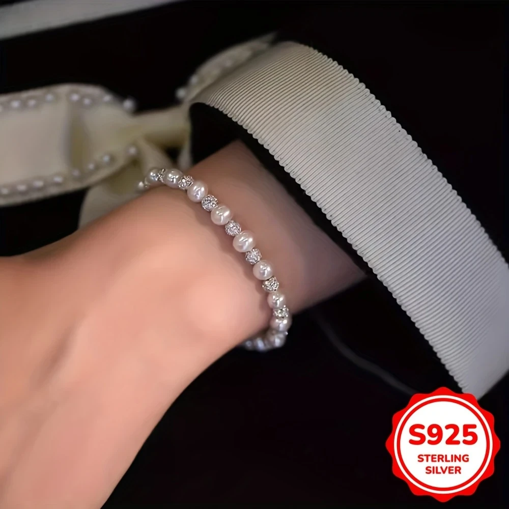 1pc S925 Pearl Necklace & Bracelet Set Elegant Vintage Style 925 Sterling Silver with Cubic Zirconia Accents | Lightweight 6.85g | Perfect Mothers Day Gift NZ
