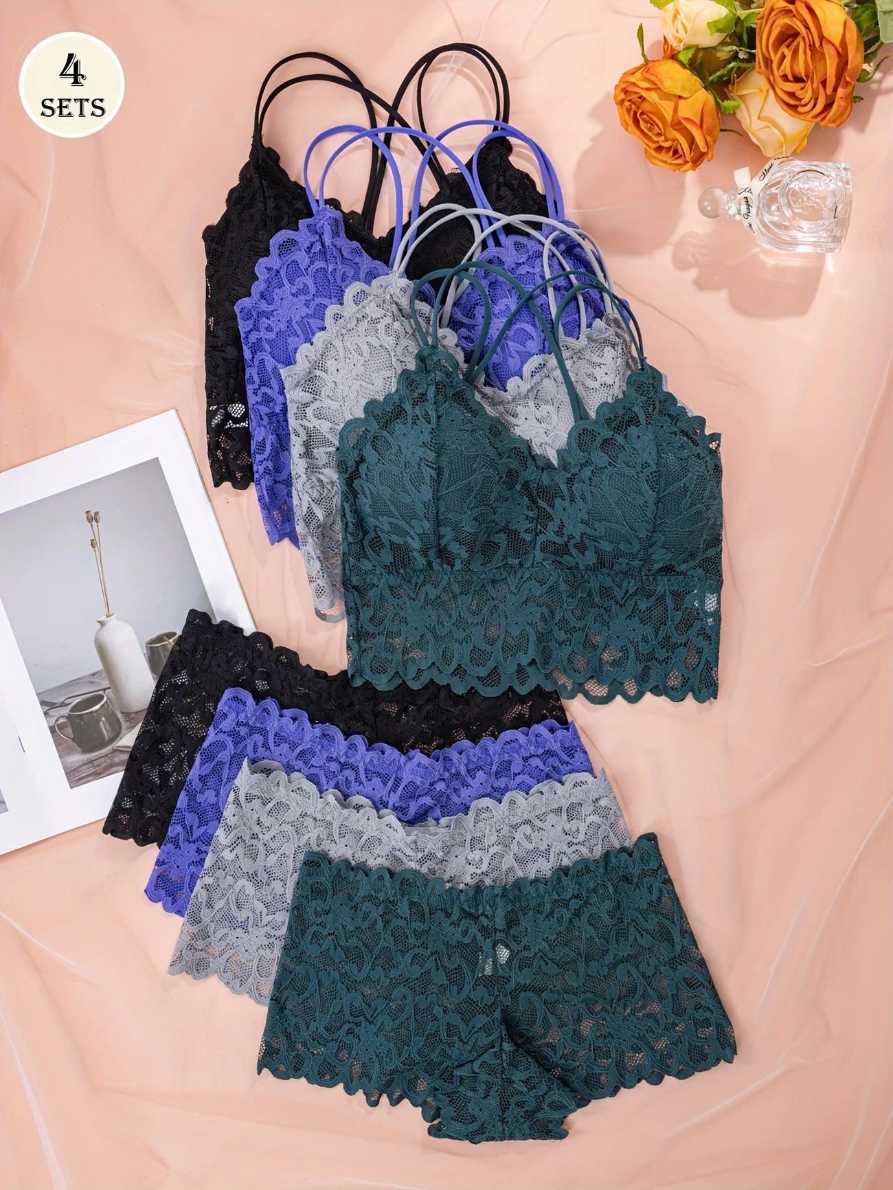 4pcs Womens Sexy Comfortable Casual Lace Underwear Set  Gathered No Steel Ring Bra, Beautiful Back Design, Panty & Suspender Vest Wrap NZ