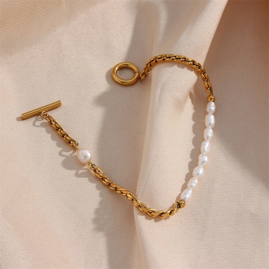 316L Stainless Steel Simplicity Vintage Irregular Shaped Imitate Pearl OT Buckle Chain Bracelets