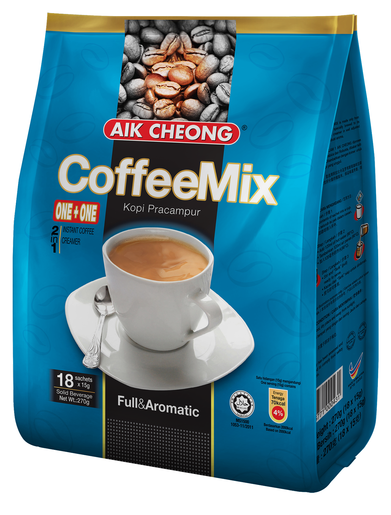 AIK CHEONG 2 in 1 Coffee Mix No Sugar 15g x 18 (270g)