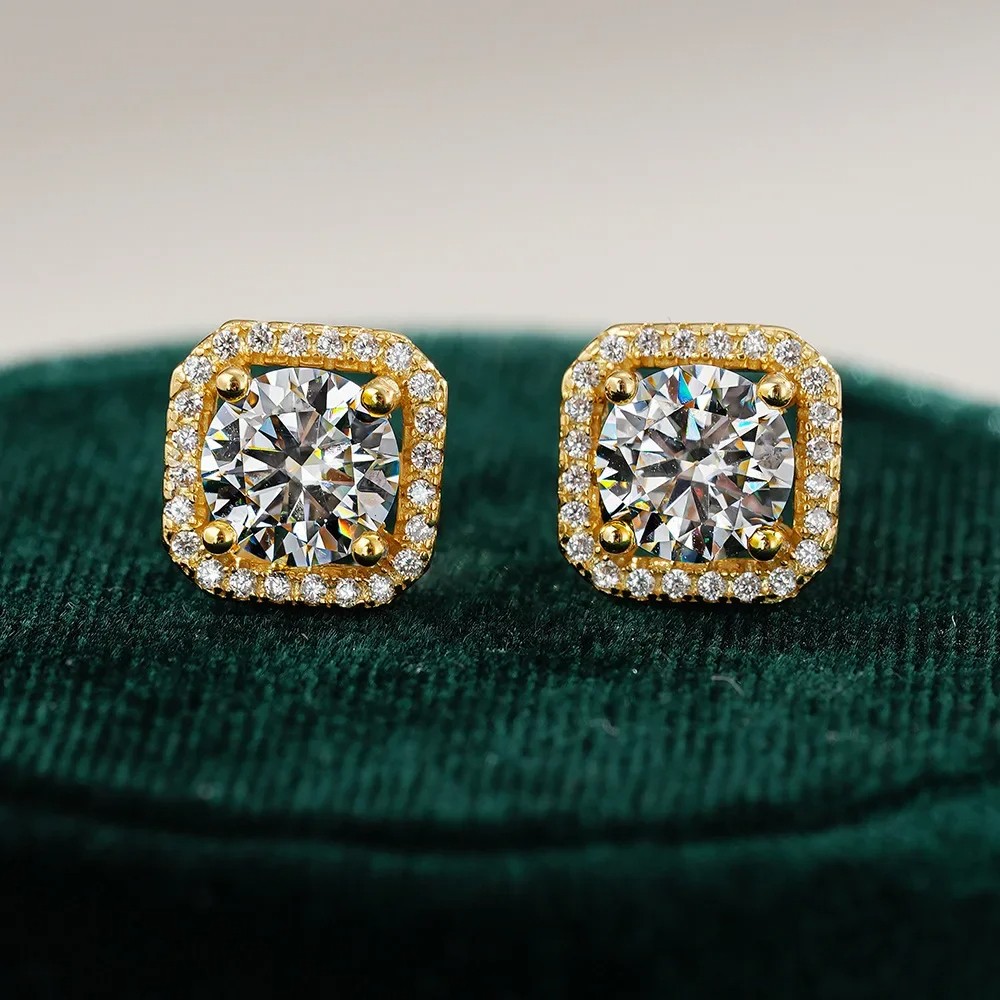 Luxury 100% Real 18K Gold Ring and Square Moissanite Women's Luxury Classic Earrings