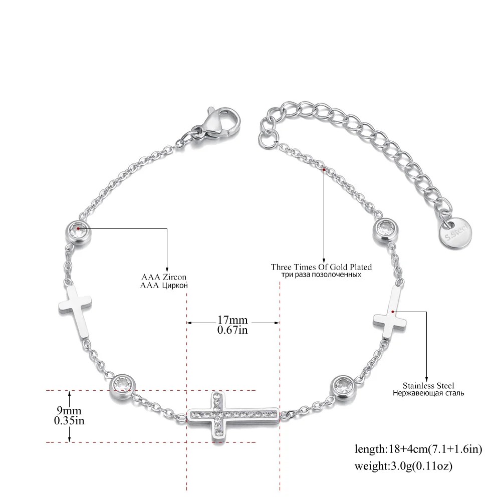 Lokaer 316L Stainless Steel Cubic Zirconia Cross Charm Bracelet for Women