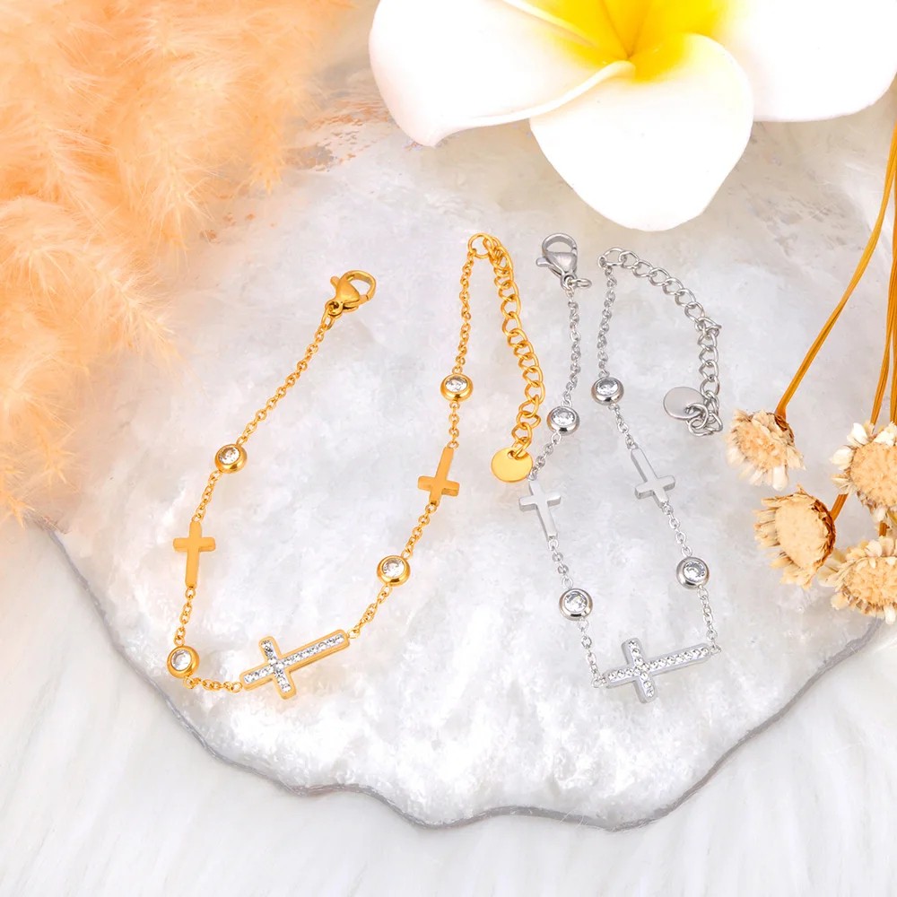 Lokaer 316L Stainless Steel Cubic Zirconia Cross Charm Bracelet for Women