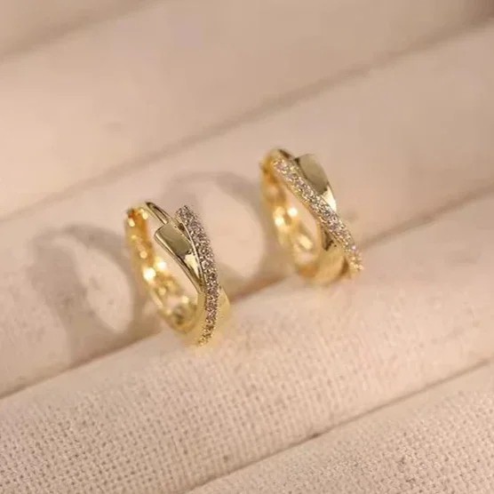 Real 925 Sterling Silver 14K Gold Hollow Cross Wave Zircon Hoop Earrings for Women